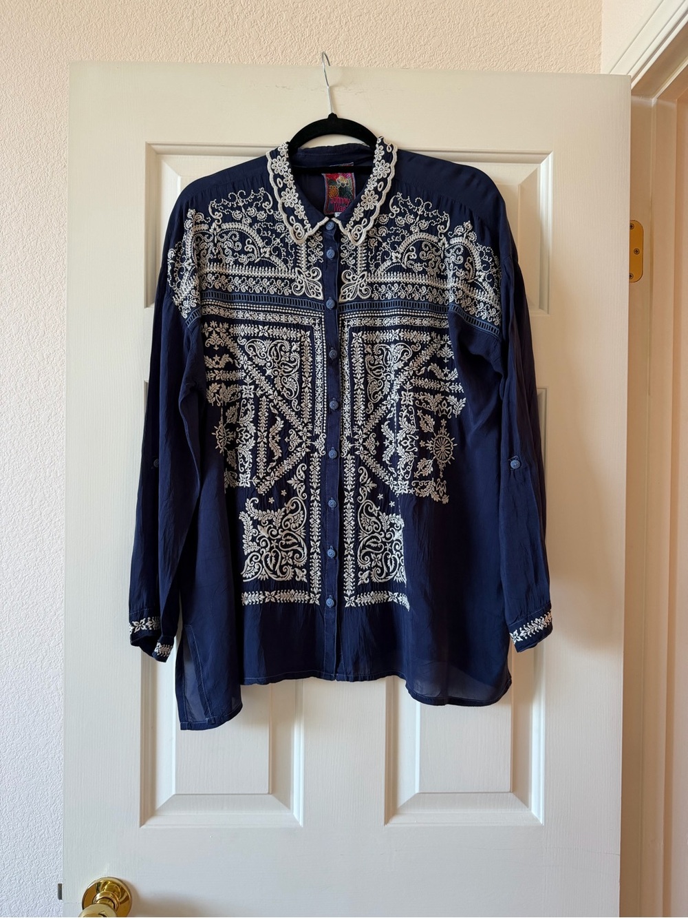 Johnny Was Navy Shirt Tunic with White Embroidery